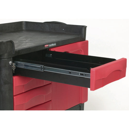 Image of Rubbermaid® Commercial TradeMaster Cart with One Door, Plastic, 3 Shelves, 4 Drawers, 750 lb Capacity, 26.25" x 49" x 38", Black