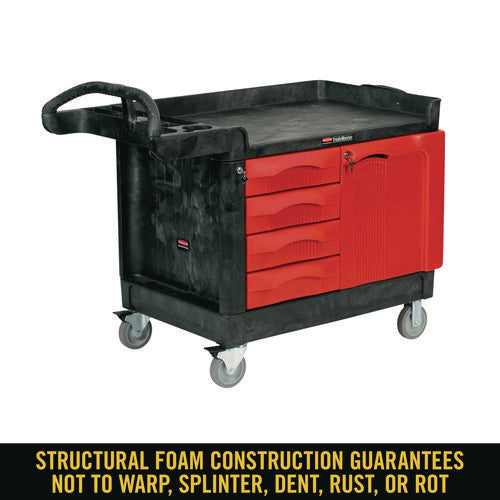 Image of Rubbermaid® Commercial TradeMaster Cart with One Door, Plastic, 3 Shelves, 4 Drawers, 750 lb Capacity, 26.25" x 49" x 38", Black