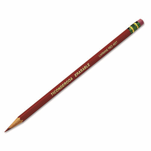 Image of Ticonderoga® Erasable Colored Pencils, 2.6 mm, 2B, Carmine Red Lead, Carmine Red Barrel, 12/Pack