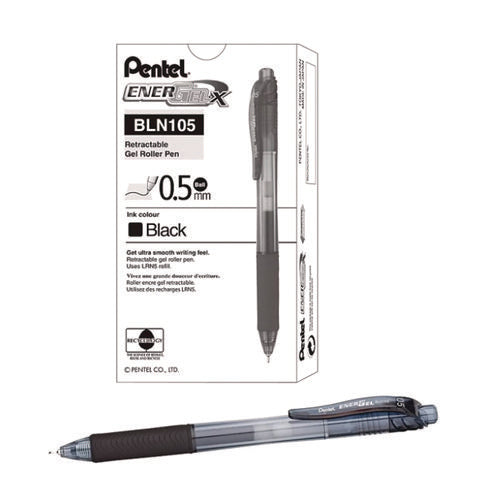 Image of Pentel® EnerGel-X Gel Pen, Retractable, Fine 0.5 mm, Black Ink, Clear/Black Barrel, 24/Pack