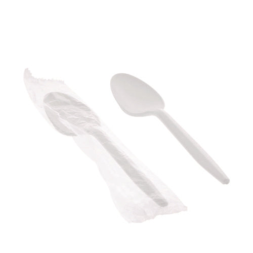 Image of Pactiv Evergreen Fieldware Cutlery, Individually Wrapped, Mediumweight Spoon, Plastic, White, 1,000/Carton