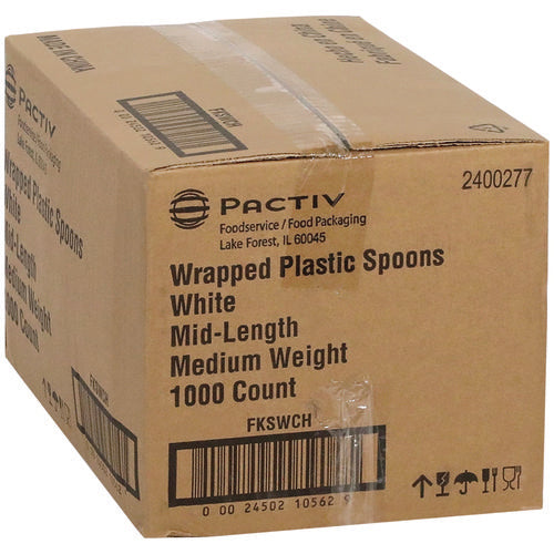 Image of Pactiv Evergreen Fieldware Cutlery, Individually Wrapped, Mediumweight Spoon, Plastic, White, 1,000/Carton