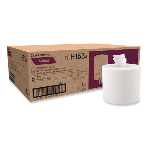 Image of Cascades PRO Select Center-Pull Paper Towels, 2-Ply, 7.3" x 10", White, 600/Roll, 6 Rolls/Carton