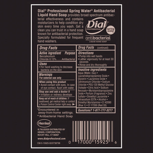 Image of Dial® Professional Antibacterial Liquid Hand Soap, Spring Water Scent, 1 gal, 4/Carton