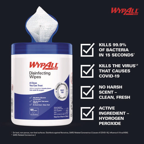 Image of WypAll® Hydrogen Peroxide Disinfecting Wipes, 1-Ply, 7 x 5.75, Fresh Scent, White, 185 Wipes/Canister
