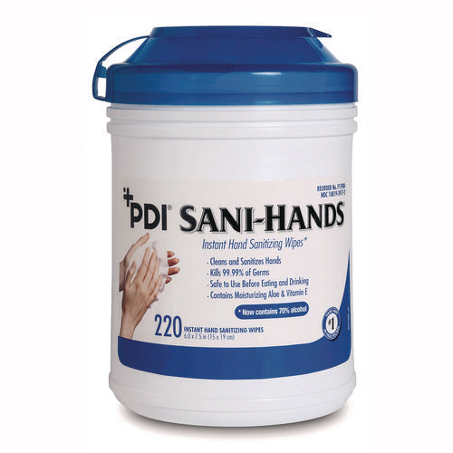 Image of Sani Professional® PDI Sani-Hands Instant Hand Sanitizing Wipes, 7.5 x 6, Unscented, White, 220/Canister, 6 Canisters/Carton
