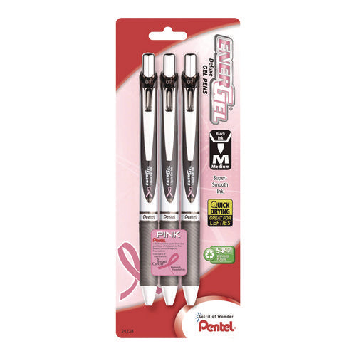 Image of Pentel® EnerGel RTX Deluxe Gel Pen, Retractable, Medium 0.7 mm, Black Ink, Black Barrel, 3/Pack