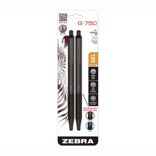 Image of Zebra® G-750 Gel Pen, Retractable, Medium 0.7 mm, Black; Blue Ink, Black Barrel, 2/Pack