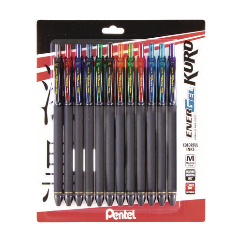 Image of Pentel® EnerGel Kuro Gel Pen, Retractable, Medium 0.7 mm, Assorted Ink Colors, Black Barrel, 12/Pack
