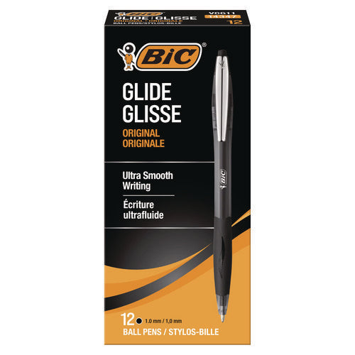 Image of BIC® GLIDE Ballpoint Pen, Retractable, Medium 1 mm, Black Ink, Smoke/Black Barrel, Dozen