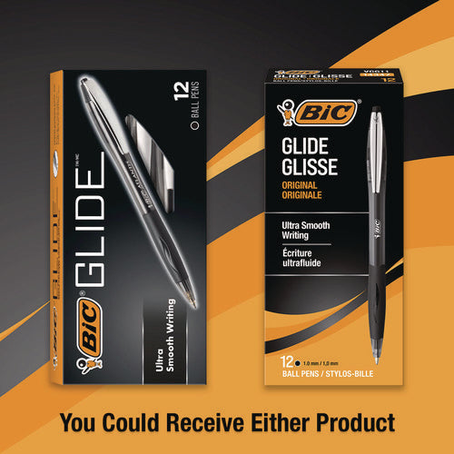 Image of BIC® GLIDE Ballpoint Pen, Retractable, Medium 1 mm, Black Ink, Smoke/Black Barrel, Dozen
