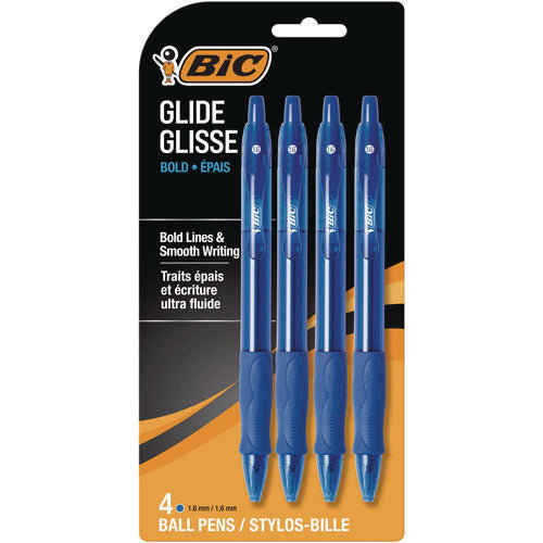 Image of BIC® Glide Bold Ballpoint Pen, Retractable, Bold 1.6 Mm, Blue Ink, Translucent Blue Barrel, 4/pack