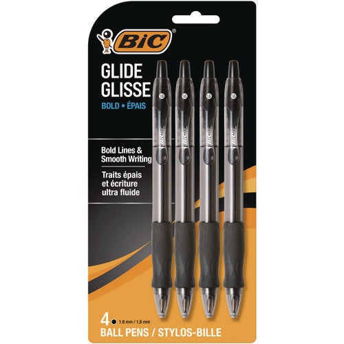 Image of BIC® Glide Bold Ballpoint Pen, Retractable, Bold 1.6 Mm, Black Ink, Translucent Black Barrel, 4/pack