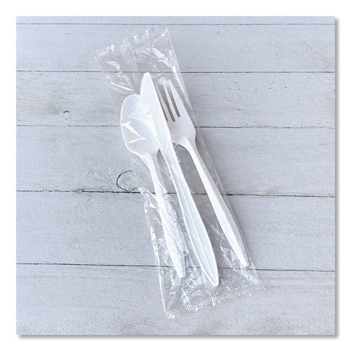 Image of Boardwalk® Three-Piece Polystyrene Cutlery Kit, Mediumweight, Fork/Knife/Spoon, Plastic, White, 250/Carton
