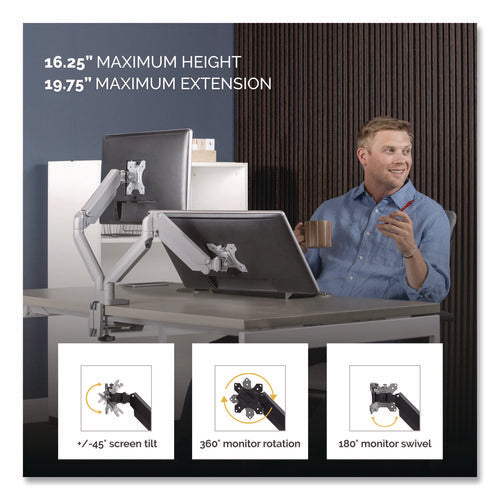 Image of Fellowes® Platinum Series Dual Monitor Arm, For 27" Monitors, 360 Deg Rotation, 45 Deg Tilt, 180 Deg Pan, Silver, Supports 20 Lb