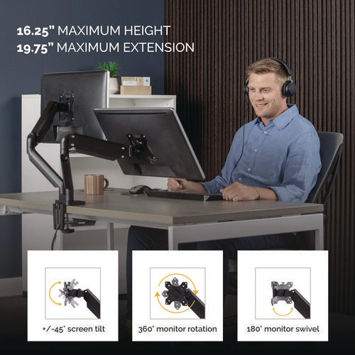 Image of Fellowes® Platinum Series Dual Monitor Arm For 27" Monitors, 360 Deg Rotation, +85 Deg/-20 Deg Tilt, 360 Deg Pan, Black, Supports 20 Lb