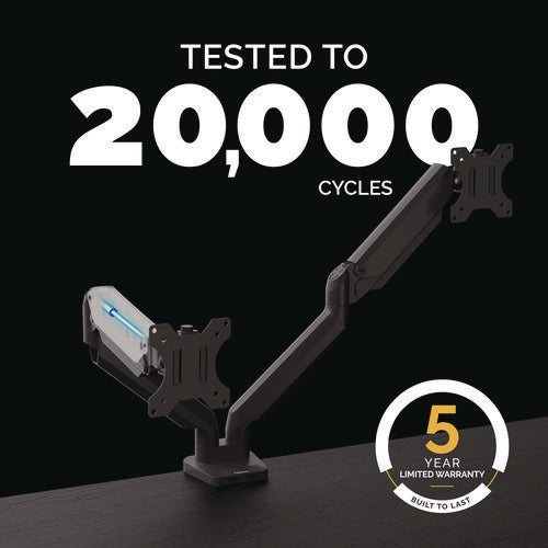 Image of Fellowes® Platinum Series Dual Monitor Arm For 27" Monitors, 360 Deg Rotation, +85 Deg/-20 Deg Tilt, 360 Deg Pan, Black, Supports 20 Lb