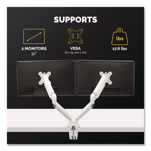 Image of Fellowes® Platinum Series Dual Monitor Arm, For 27" Monitors, 360 Deg Rotation, 45 Deg Tilt, 180 Deg Pan, White, Supports 20 Lb