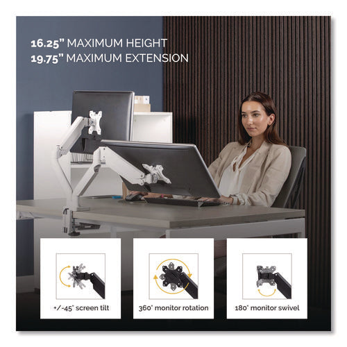 Image of Fellowes® Platinum Series Dual Monitor Arm, For 27" Monitors, 360 Deg Rotation, 45 Deg Tilt, 180 Deg Pan, White, Supports 20 Lb