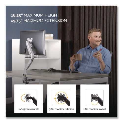 Image of Fellowes® Platinum Series Single Monitor Arm, For 27" Monitors, 360 Deg Rotation, 45 Deg Tilt, 180 Deg Pan, Silver, Supports 20 Lb