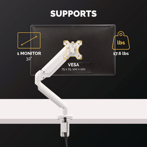 Image of Fellowes® Platinum Series Single Monitor Arm, For 27" Monitors, 360 Deg Rotation, 45 Deg Tilt, 180 Deg Pan, White, Supports 20 Lb