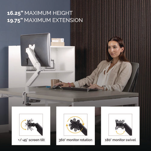 Image of Fellowes® Platinum Series Single Monitor Arm, For 27" Monitors, 360 Deg Rotation, 45 Deg Tilt, 180 Deg Pan, White, Supports 20 Lb