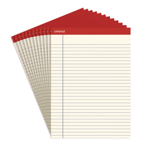 Image of Universal® Colored Perforated Ruled Writing Pads, Letter Size Pad (8.5 x 11.75), Wide/Legal Rule, 50 Ivory 8.5 x 11 Sheets, Dozen