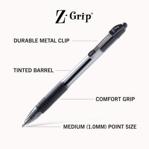 Image of Zebra® Z-Grip Ballpoint Pen, Retractable, Medium 1 mm, Black Ink, Clear/Black Barrel, 24/Pack