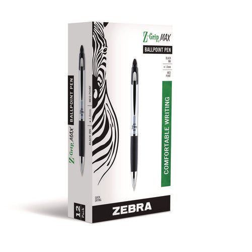Image of Zebra® Z-Grip MAX Ballpoint Pen, Retractable, Medium 1 mm, Black Ink, Silver/Black Barrel, 12/Pack