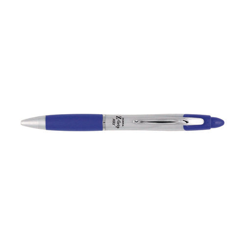 Image of Zebra® Z-Grip MAX Ballpoint Pen, Retractable, Medium 1 mm, Blue Ink, Silver/Blue Barrel, 12/Pack