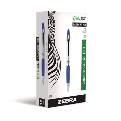 Image of Zebra® Z-Grip MAX Ballpoint Pen, Retractable, Medium 1 mm, Blue Ink, Silver/Blue Barrel, 12/Pack