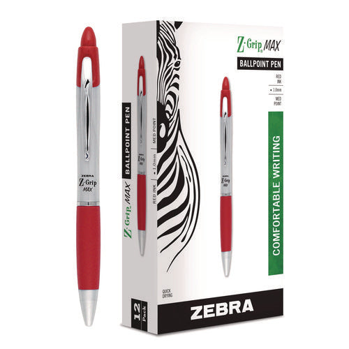 Image of Zebra® Z-Grip MAX Ballpoint Pen, Retractable, Medium 1 mm, Red Ink, Silver/Red Barrel, 12/Pack