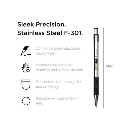 Image of Zebra® F-301 Ballpoint Pen, Retractable, Fine 0.7 Mm, Black Ink, Stainless Steel/black Barrel