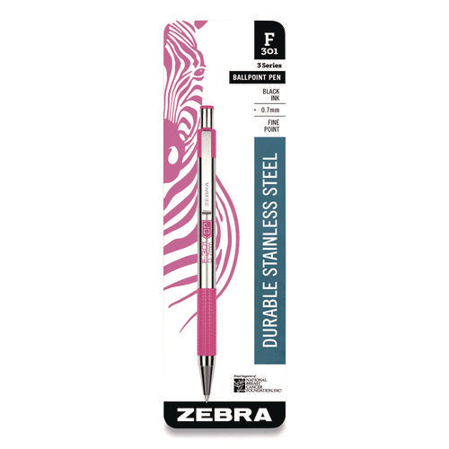 Image of Zebra® F-301 Breast Cancer Awareness Ballpoint Pen, Retractable, Fine 0.7 mm, Black Ink, Stainless Steel/Pink Barrel