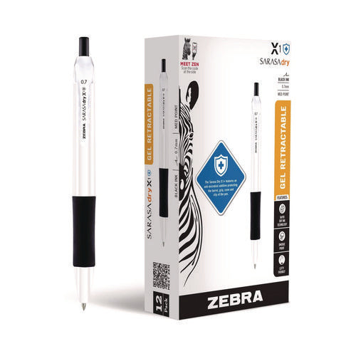 Image of Zebra® Sarasa Dry X1+ Gel Pen, Retractable, Medium 0.7 mm, Black Ink, White/Black Barrel, 12/Pack