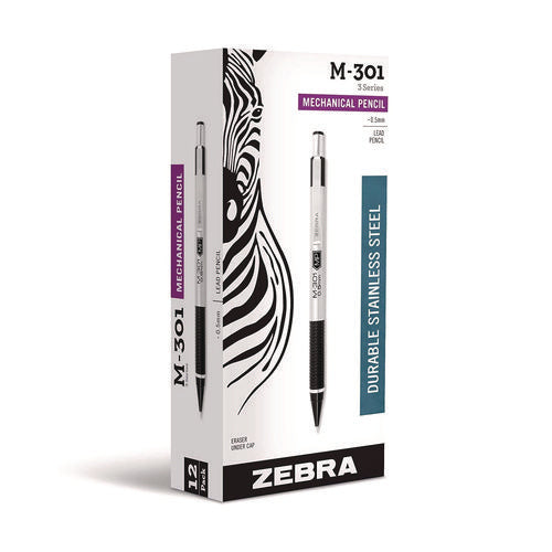 Image of Zebra® M-301 Mechanical Pencil, 0.5 mm, HB (#2), Black Lead, Silver/Black Barrel, Dozen