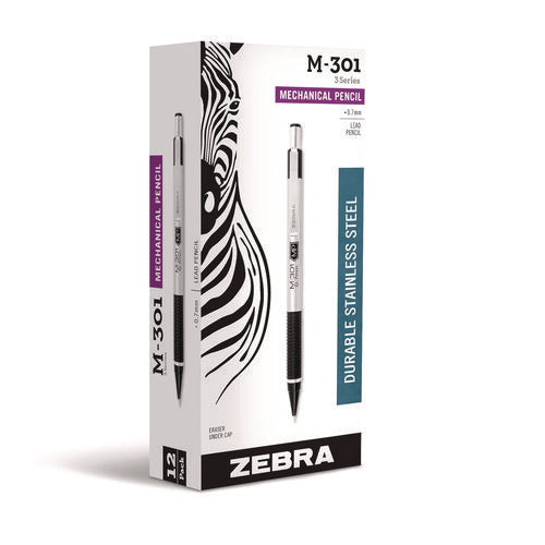 Image of Zebra® M-301 Mechanical Pencil, 0.7 mm, HB (#2), Black Lead, Silver/Black Barrel