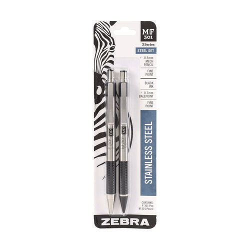 Image of Zebra® M/f 301 Stainless Steel Retractable Pen And Pencil Set, 0.7 Mm Black Pen, 0.5 Mm Hb Pencil, Stainless Steel Barrels