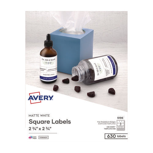 Image of Avery® Laser/Inkjet Media Labels, Inkjet/Laser Printers, 2.75" x 2.75", Matte White, 9 Labels/Sheet, 70 Sheets/Box