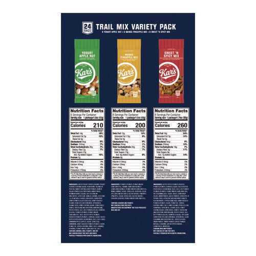 Image of Kar's Trail Mix Variety Pack, Mango Pineapple/Sweet 'N Spicy/Yogurt Apple Nut, 24 Packets/Box