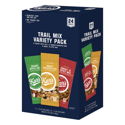 Image of Kar's Trail Mix Variety Pack, Mango Pineapple/Sweet 'N Spicy/Yogurt Apple Nut, 24 Packets/Box