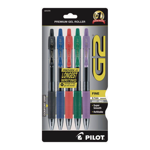 Image of Pilot® G2 Premium Gel Pen, Retractable, Fine 0.7 mm, Assorted Ink and Barrel Colors, 5/Pack