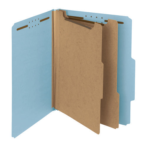Image of Smead Recycled Pressboard Classification Folders, 2" Expansion, 2 Dividers, 4 Fasteners, Letter Size, Blue Exterior, 10/Box