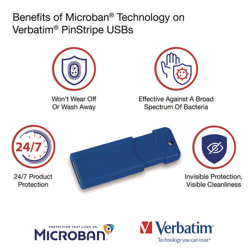 Image of Verbatim® PinStripe USB 3.2 Flash Drive, 32 GB, Blue/Red, 2/Pack