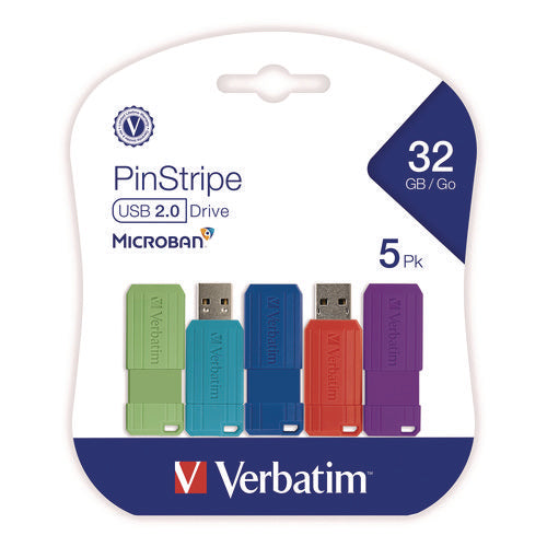 Image of Verbatim® PinStripe USB 3.2 Flash Drive, 32 GB, Assorted Colors, 5/Pack