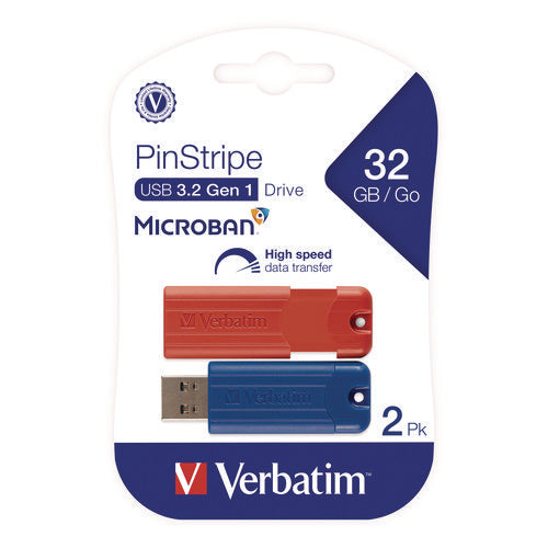 Image of Verbatim® PinStripe USB 3.2 Flash Drive, 32 GB, Blue/Red, 2/Pack