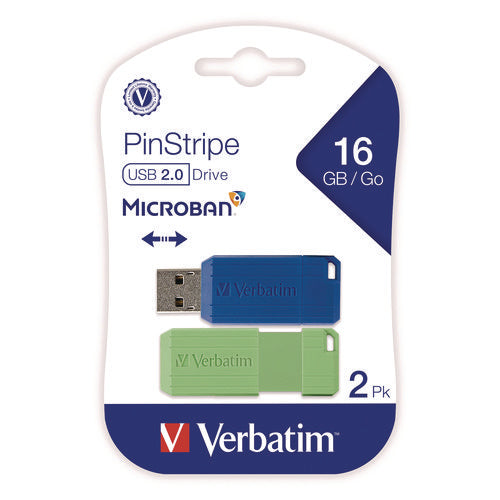 Image of Verbatim® PinStripe USB 2.0 Flash Drive, 16 GB, Blue/Green, 2/Pack