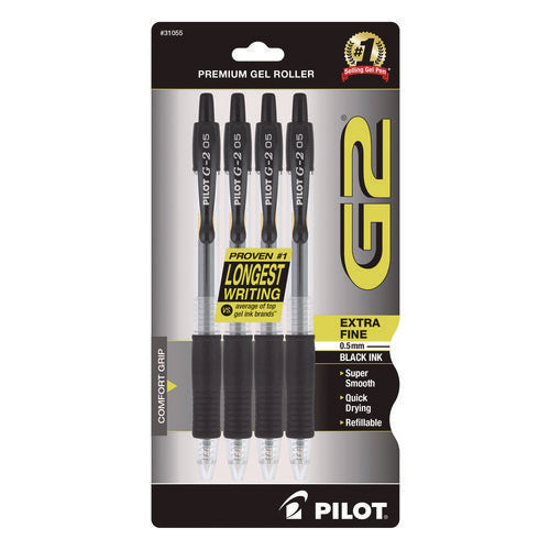 Image of Pilot® G2 Premium Gel Pen, Retractable, Extra-Fine 0.5 mm, Black Ink, Smoke/Black Barrel, 4/Pack