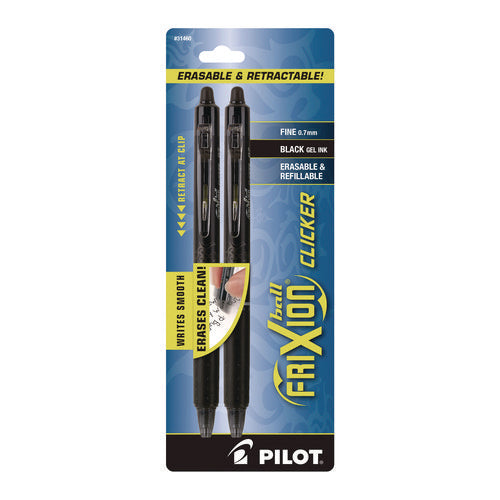 Image of Pilot® FriXion Ball Clicker Erasable Gel Pen, Retractable, Fine 0.7 mm, Black Ink, Black Barrel, 2/Pack