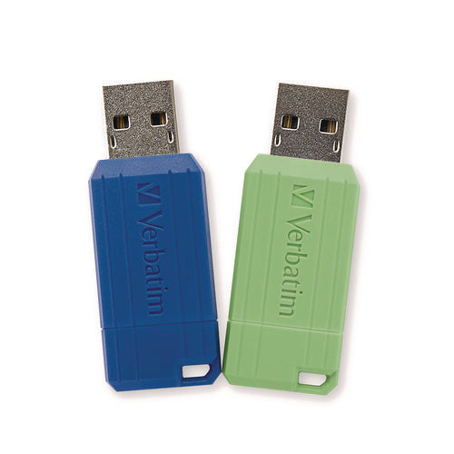 Image of Verbatim® PinStripe USB 2.0 Flash Drive, 16 GB, Blue/Green, 2/Pack